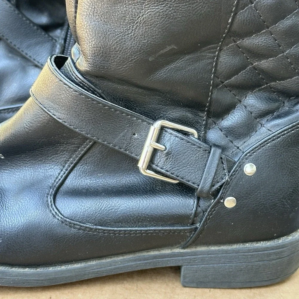 Kohl's Faux Leather Black Biker Boots Size 4 Buckles Side Zip Mid Calf Big Girls